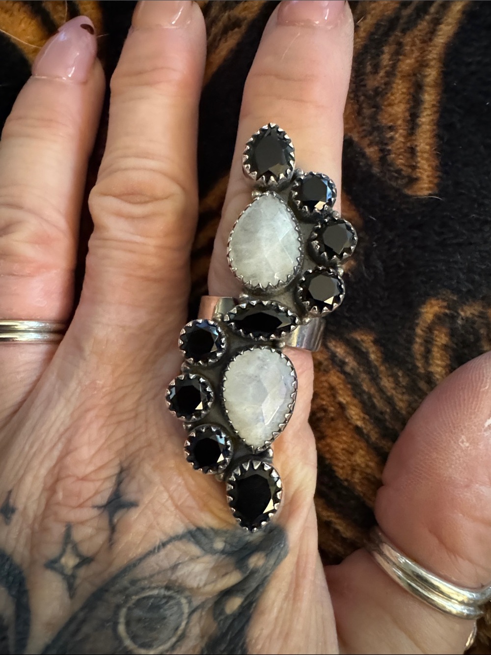 925 Silver faceted Ring with Black onyx and white moonstone
